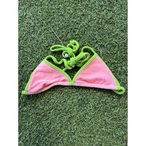 Frankies Bikinis Terry Cloth Triangle Bikini Top Swimwear Pink Green XS